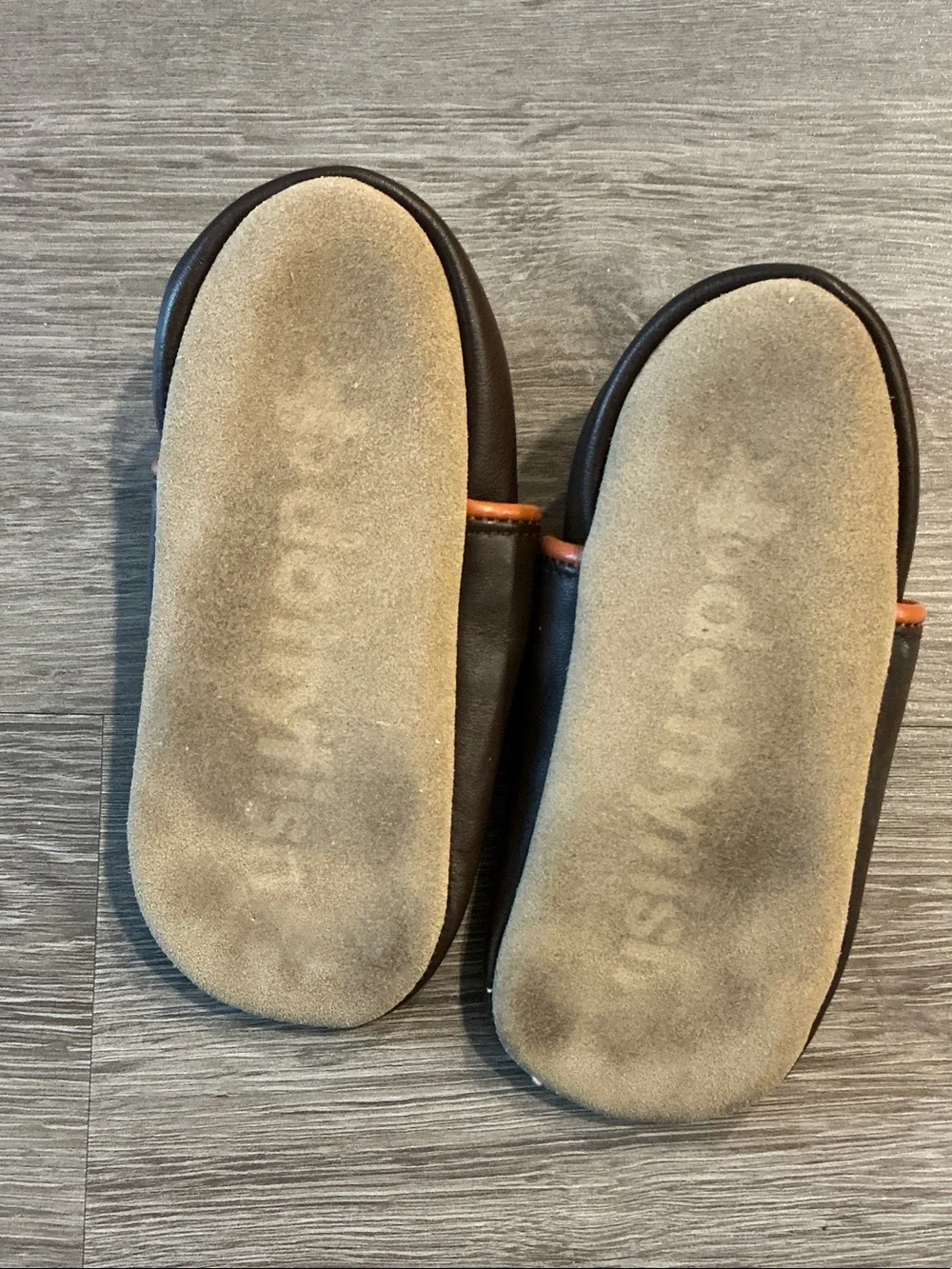 Toddler Brown Leather Slip-On Shoes Slippers with Orange Fox Appliqué